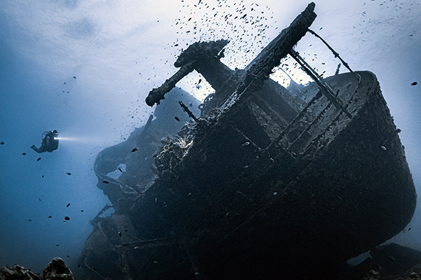 Scuba diver exploring a historic shipwreck in Saudi Arabia’s Red Sea during a liveaboard trip, surrounded by colorful corals and fish.