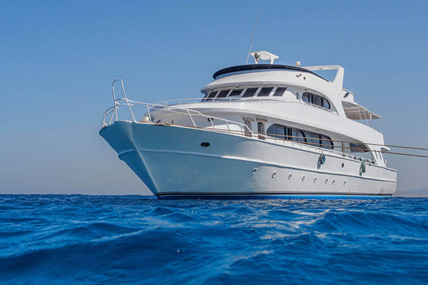 Scuba diver boarding a liveaboard boat in Egypt’s Red Sea with a coastal resort visible in the background.